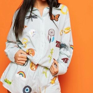 QUEEN OF SPARKLES Green Striped Shirt with lucky icons